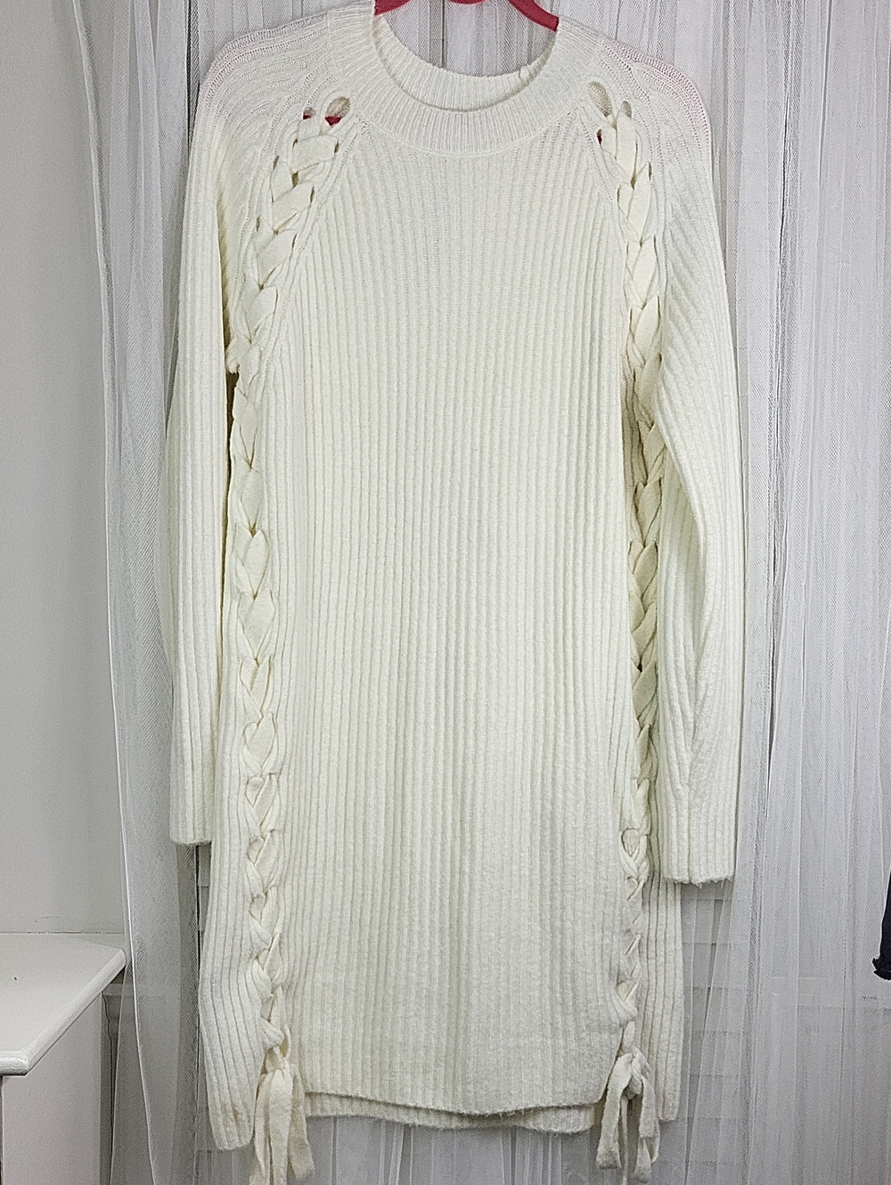 Twin-Set Milano Cream Cable-Trim Ribbed Long Sleeve Sweater Dress. Size M